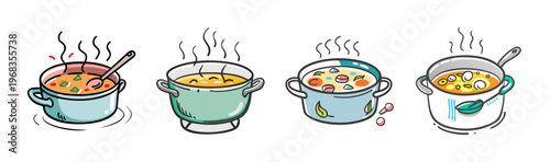 Various steaming pots of delicious soup, a comforting and warm meal illustration