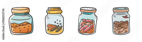 Hand drawn glass jars with spices and herbs, rustic kitchen storage containers, collection of 4 pantry jars in doodle style vector