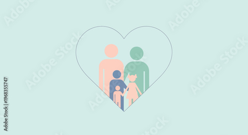 Minimalist family silhouette inside heart shape, pastel colored family of five vector illustration, loving household and childcare concept