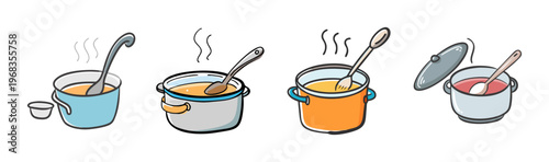 Hand drawn cooking pots with steaming hot soup, collection of 4 kitchen stockpot illustrations, colorful cookware with ladles and spoons