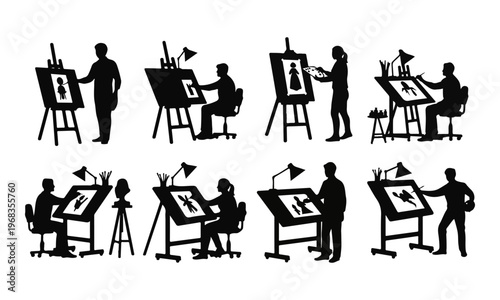 Set of Artist and Designer Silhouettes Drawing and Painting at Easels and Drawing Tables Isolated