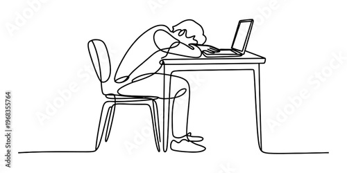 Continuous line drawing of a tired person sleeping at a desk while working on their laptop computer Vector, illustration