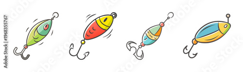 Hand-drawn fishing lures collection, set of 4 colorful tackle icons, vintage style fishing bait illustrations, decorative angling equipment svg