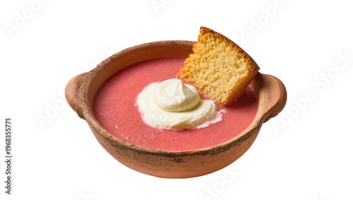 Tablou pe pânză Rustic earthenware bowl filled with vibrant red beetroot soup topped with creamy