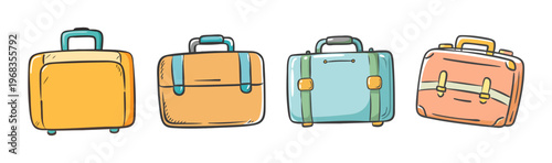 Collection of four colorful cartoon suitcases and luggage for travel adventures