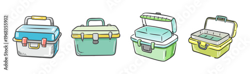 Set of four cartoon tackle boxes in various colors for organizing fishing gear.