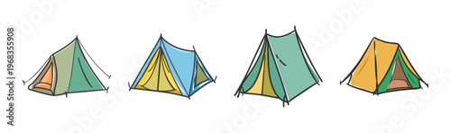 Four colorful cartoon tents for camping and outdoor adventures, hand-drawn style.