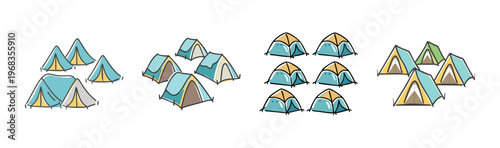 Collection of hand-drawn tents in a city or camp setting, outdoor shelter.
