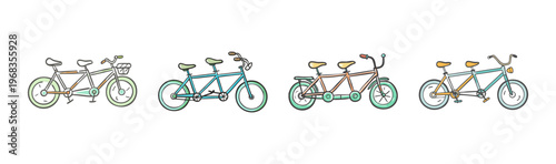 Four doodle-style tandem bicycles for couples or friends enjoying a ride.