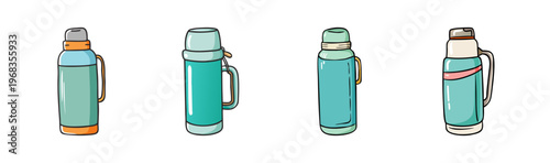 Assortment of vintage-style thermos bottles for keeping drinks hot or cold outdoors.