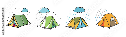 Hand-drawn cartoon camping tents with rain fly in rainy weather and clouds.