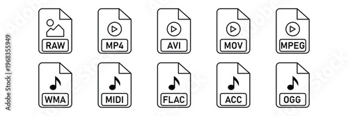 File extension icon set of outline digital media formats raw mp4  vector illustration.