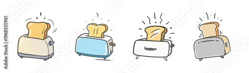 Toaster popping out toast, breakfast appliance, cooking bread, vector illustration