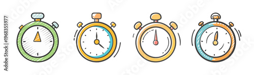 Collection of four cartoon timers and stopwatches in bright colors for cooking.