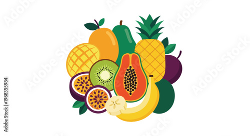 Vibrant Assortment of Tropical Fruits Arranged in a Delightful Cluster on a Clean White Background