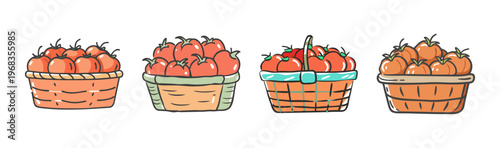 Baskets overflowing with ripe red tomatoes, showcasing a fresh harvest bounty.