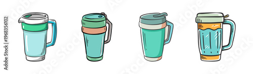 Set of four colorful hand-drawn travel mugs with lids and handles.