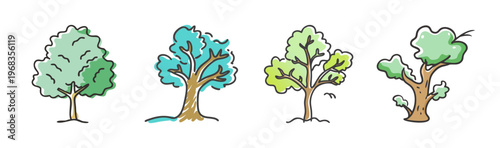 Set of four hand-drawn cartoon trees with green and blue foliage, nature illustration