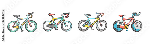 Collection of four cartoon triathlon and racing bicycle illustrations.