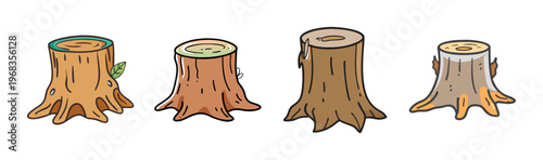 Variety of four hand-drawn tree stump illustrations with different textures