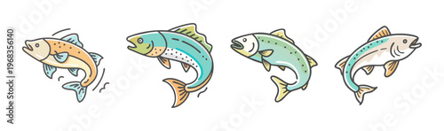 Four cartoon trout fish illustration in various jumping poses, fishing concept