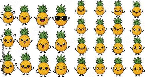 Cute pineapple cartoon characters vector set with different expressions kawaii fruit emojis collection for stickers summer design kids illustrations and tropical themes