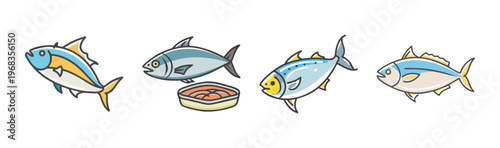 Tuna fish and canned tuna in a simple cartoon illustration style.