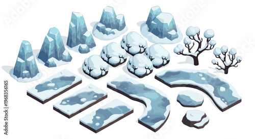 Isometric winter landscape kit, frozen ice mountains and snow covered trees vector set, arctic environment game assets for level design isolated PNG with Transparent Background
