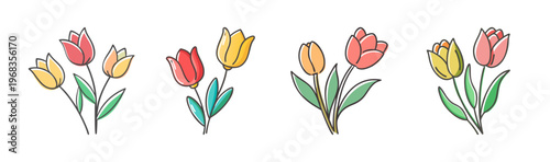 Collection of four hand-drawn tulip flower illustrations in pastel colors, vector art.