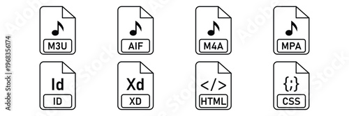 File extension icon set of outline audio and web development formats including m3u m4a  vector illustration.