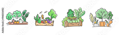 Assortment of colorful cartoon vegetable garden beds with various plants and produce.