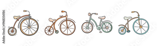 Collection of four vintage and antique bicycles, including a penny-farthing.