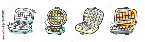 Set of four cartoon waffle irons in various open and closed positions.