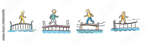 Diverse stick figures walk across various bridges over water in a simple line drawing style.