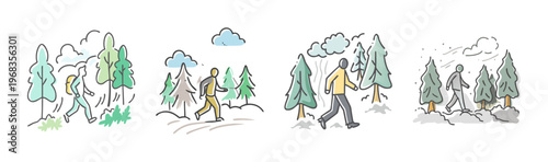 Hikers walking through a dense, foggy forest with tall evergreen trees and overcast skies.