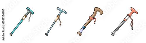 Set of four walking sticks and hiking poles with various handle designs and colors.
