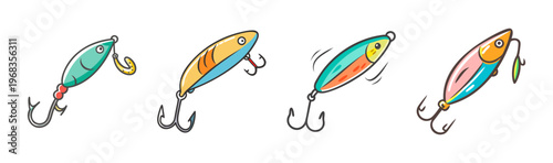 Colorful cartoon fishing lures for saltwater angling, designed for attracting fish.