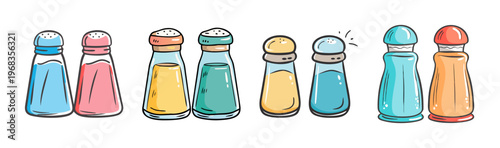 Collection of colorful salt and pepper shakers, kitchen seasoning containers, isolated