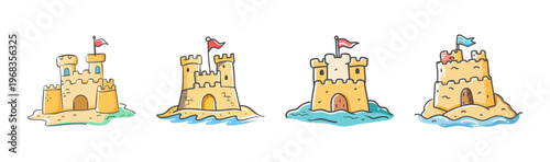 Four hand-drawn sandcastles on sandy beaches with flags and blue water.