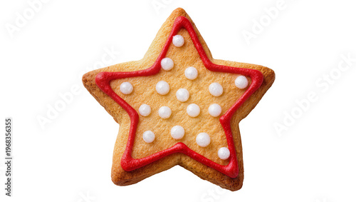 Festive star-shaped gingerbread cookie with red icing border white icing dots, isolated on transparent background for holiday designs and menus