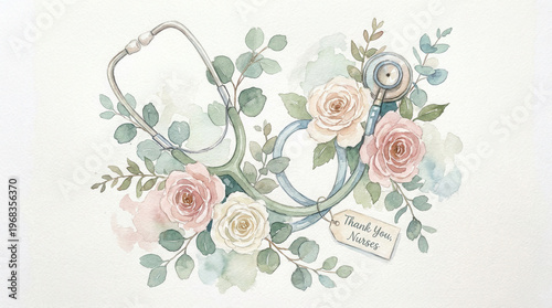 Watercolor stethoscope with pink and white rose flowers and green leaves for nurse week appreciation and gratitude celebration