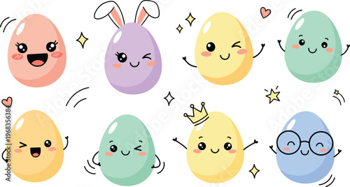 Cute Kawaii Easter Egg Character Set with Funny Faces, Bunny Ears, Crown, Glasses, and Pastel Cartoon Expressions