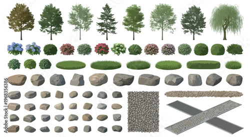 Landscape design vector elements, garden plants and trees collection, architectural site planning kit with rocks and shrubs isolated PNG with Transparent Background