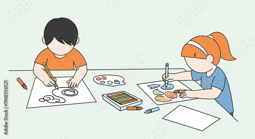 Hand drawn cartoon children drawing and painting, little boy and girl creating art with crayons and pencils, creative kids art class vector illustration