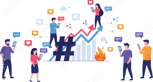 Social Media Marketing Illustration with Hashtag, Analytics Growth, User Engagement, Mobile Communication, and Viral Content Concept