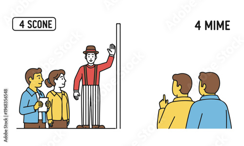 Conceptual Illustration of Homophone Pun '4 SCONE' vs '4 MIME' with Mime Artist and Audience