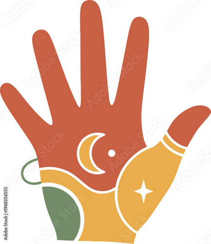 Hand with Moon and Star Symbols.