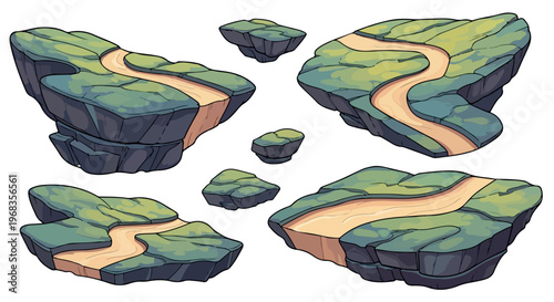Fantasy floating islands with dirt paths, set of 6 cartoon game level platforms, green grass and stone rock terrain vector elements isolated PNG with Transparent Background