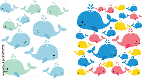 Cute whale cartoon characters vector set with colorful ocean animals and baby whales kawaii collection for kids design nursery illustration and marine themes