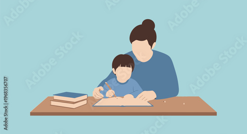 Minimalist flat vector illustration of mother helping son with homework, parent and child studying together at desk, homeschooling and early education concept